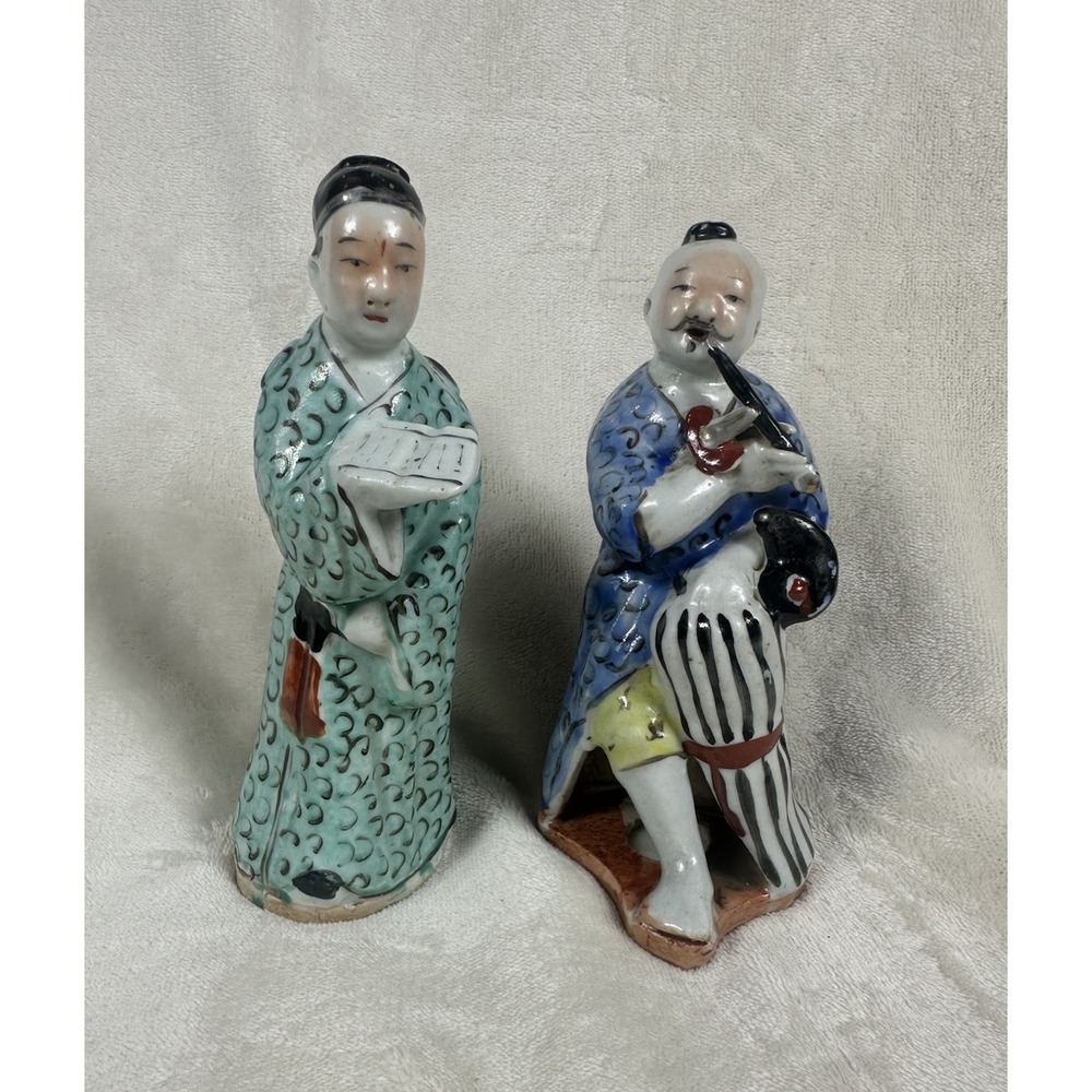 VINTAGE SET 1920's CHINESE FAMILLE PORCELAIN FIGURES STATUES SCHOLAR & FISHERMEN